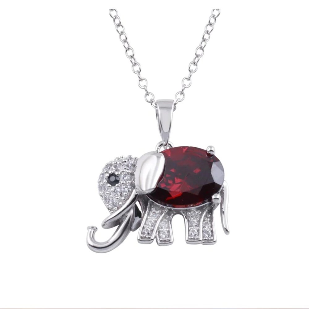 Silver 925 Rhodium Plated Red CZ Elephant Pendant Necklace